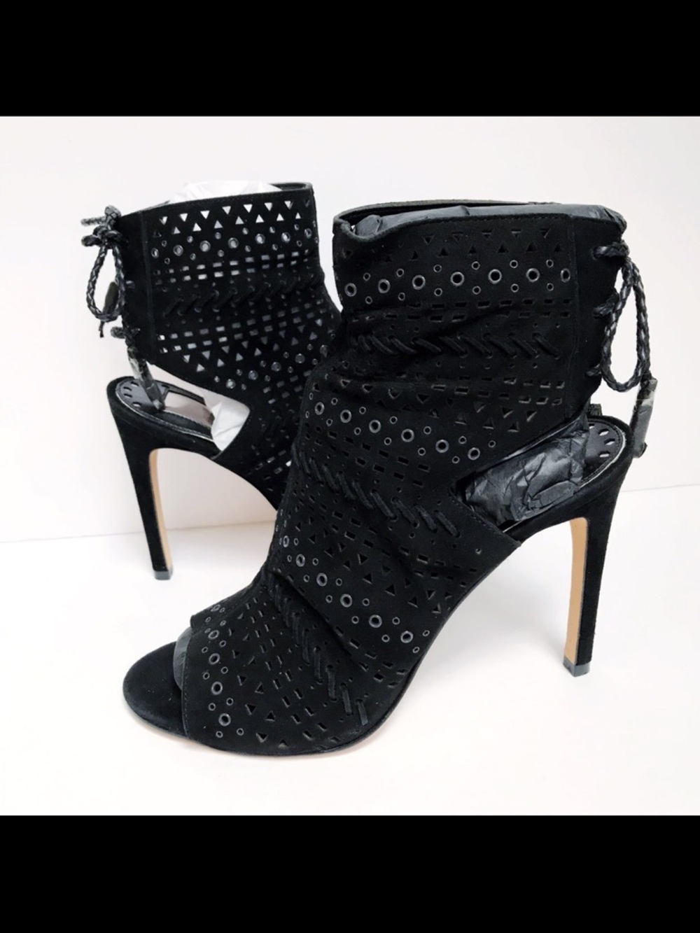 NWOT Dolce Vita Black Laser-Cut Suede Peep-Toe Stiletto Booties